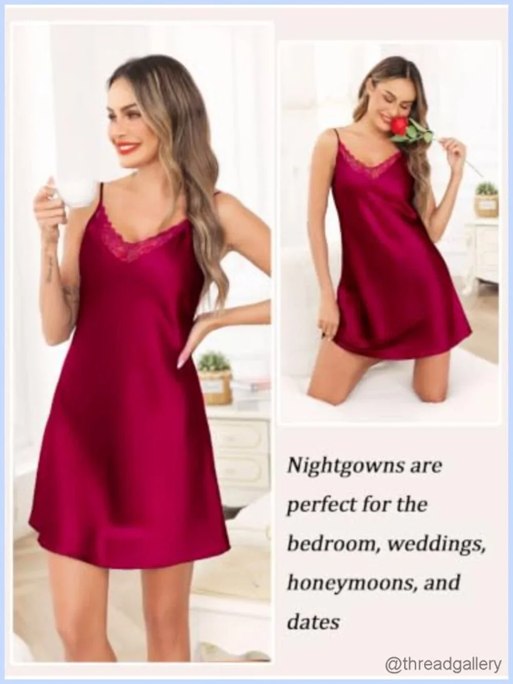 Satin Nightgown Set Sexy V Neck Lace Trim Mini Slip Sleep Dress